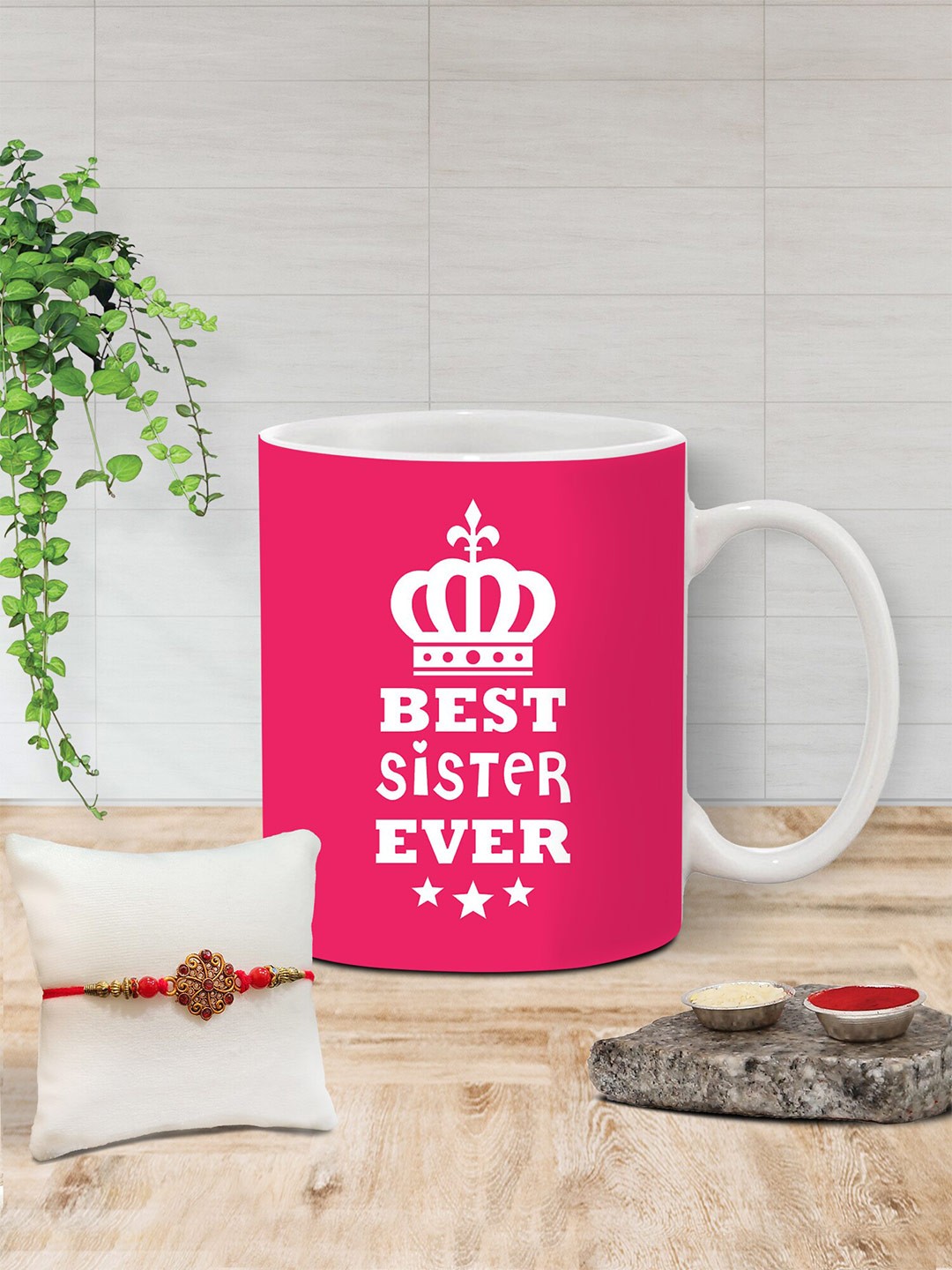 

The Purple Tree Stone Studded Rakhi & Printed Ceramic Mug Gift Set, Pink