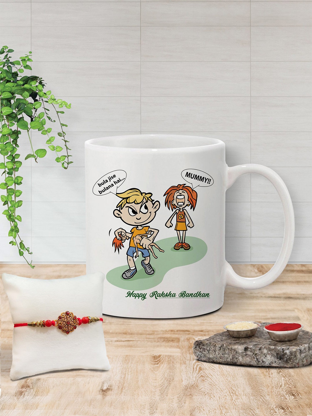 

The Purple Tree Stone Studded Rakhi & Printed Ceramic Mug Gift Set, White