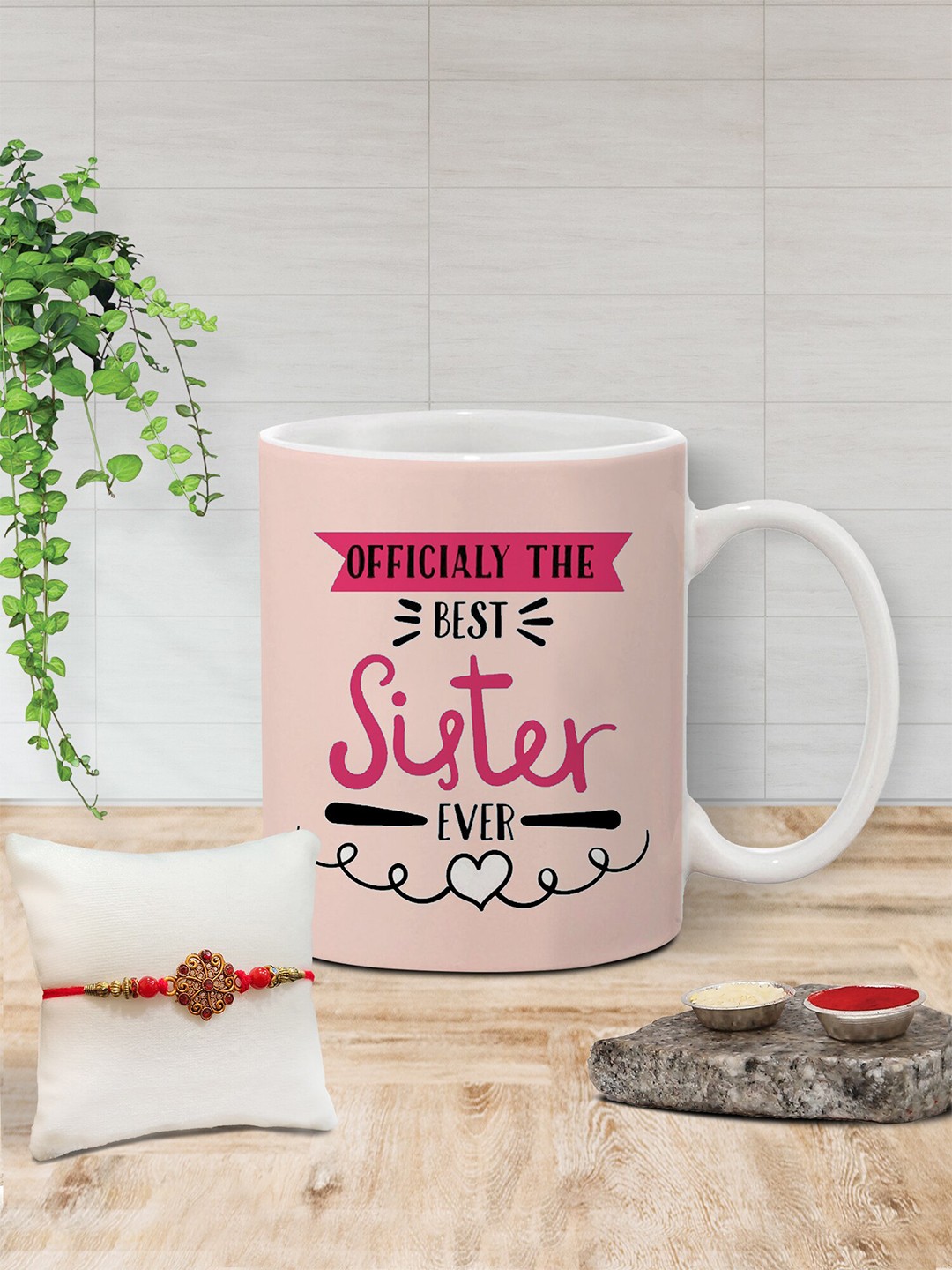 

The Purple Tree Stone Studded Rakhi & Printed Ceramic Mug Gift Set, Pink