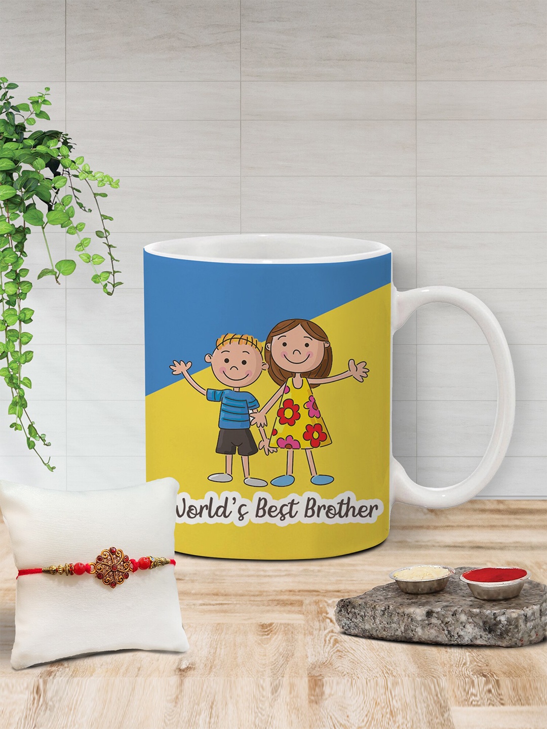 

The Purple Tree Stone Studded Rakhi & Printed Ceramic Mug Gift Set, Yellow