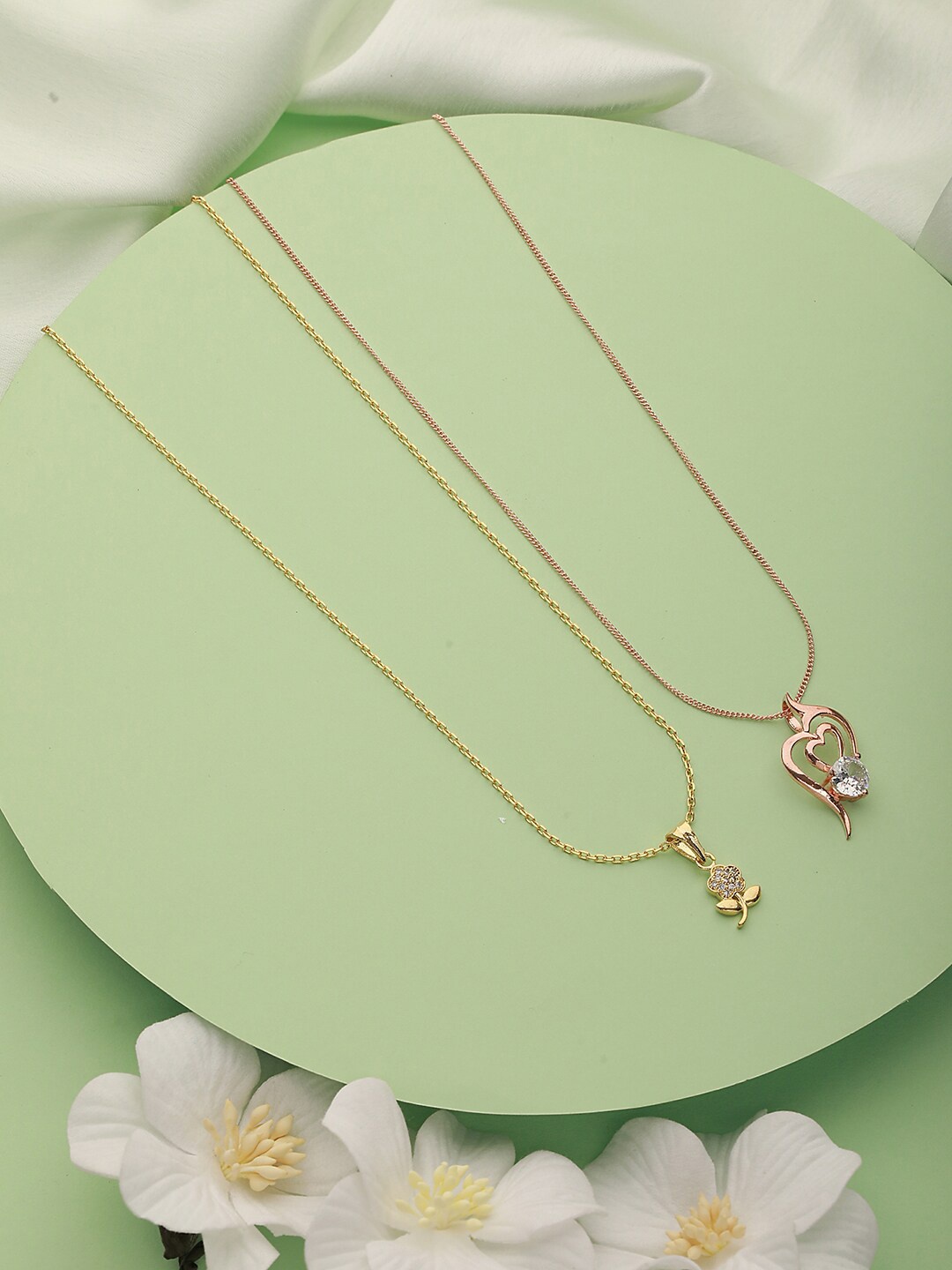 

DressBerry Set Of 2 Rose Gold Plated & Gold Plated CZ-Studded Pendant With Chain