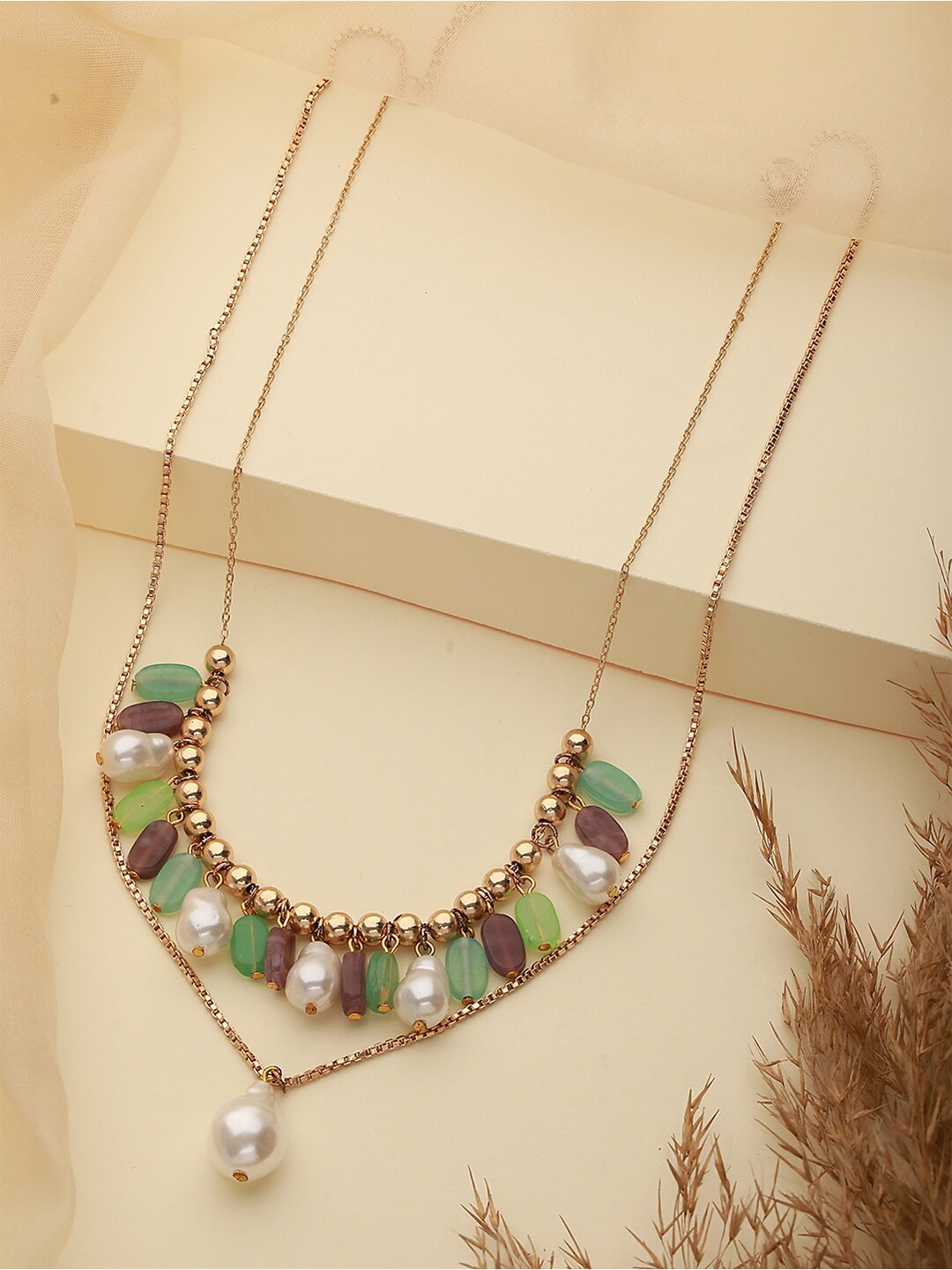 

DressBerry Gold-Toned & Green Brass Gold-Plated Layered Necklace