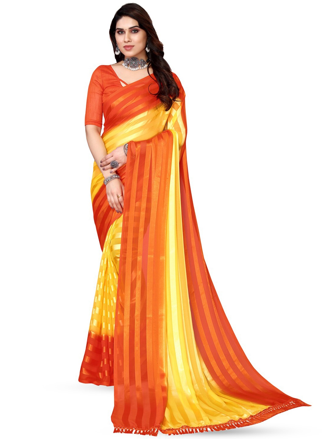 

ANAND SAREES Striped Satin Saree, Red