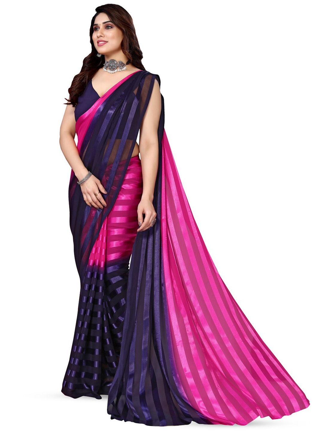 

Moda Rapido Striped Satin Saree, Blue