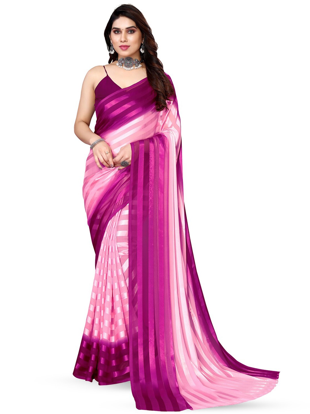 

Moda Rapido Striped Satin Saree, Purple