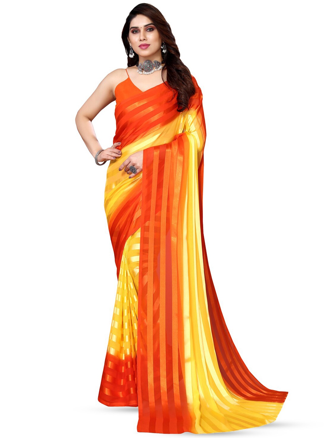 

Moda Rapido Striped Satin Saree, Orange