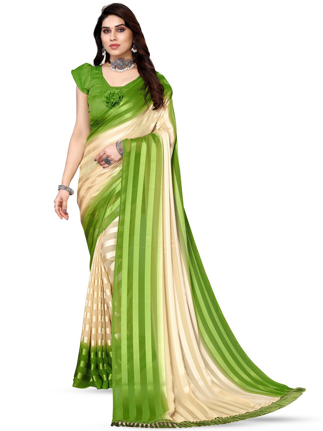 

ANAND SAREES Striped Satin Saree, Green