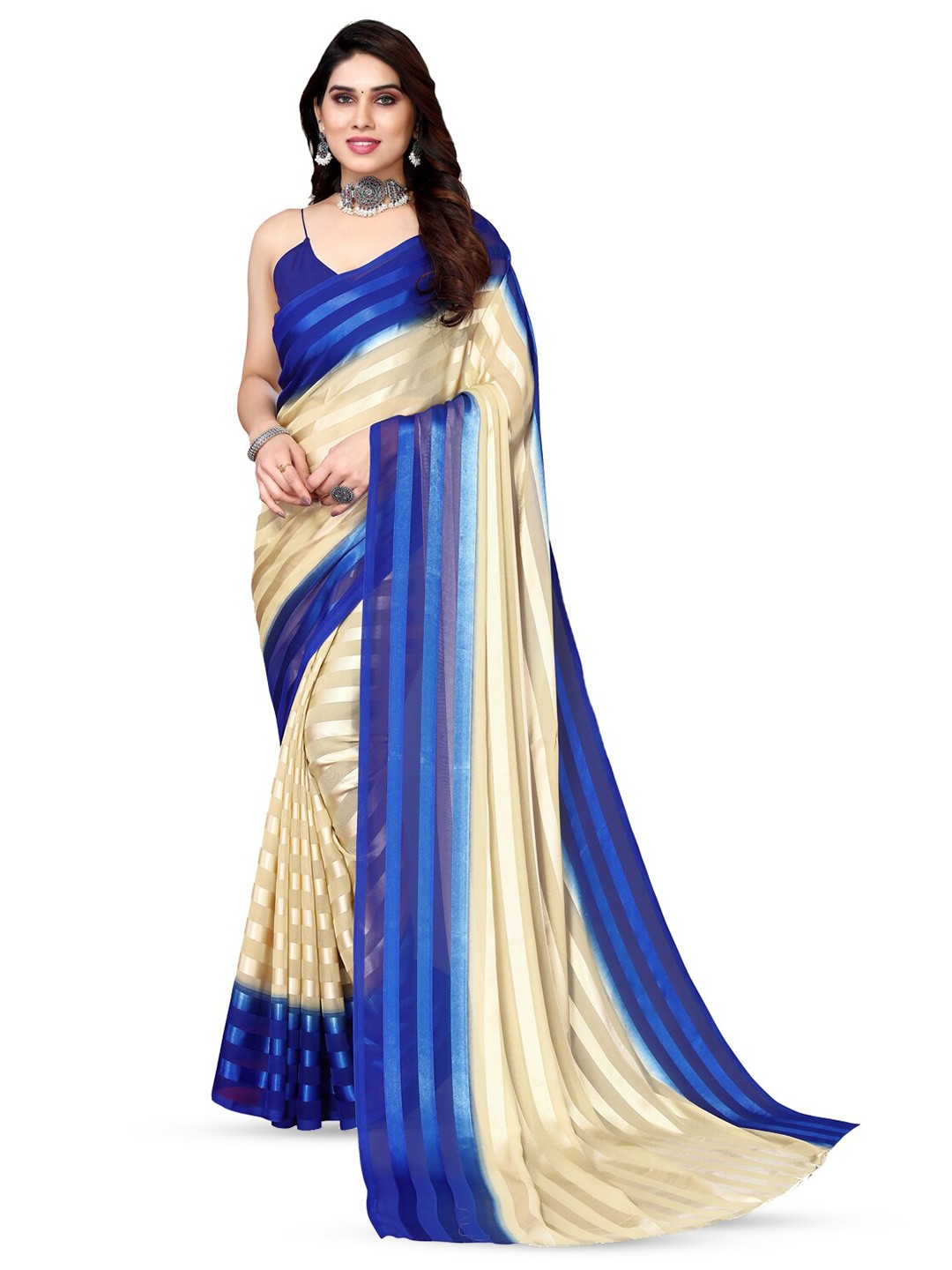 

ANAND SAREES Striped Satin Saree, Blue