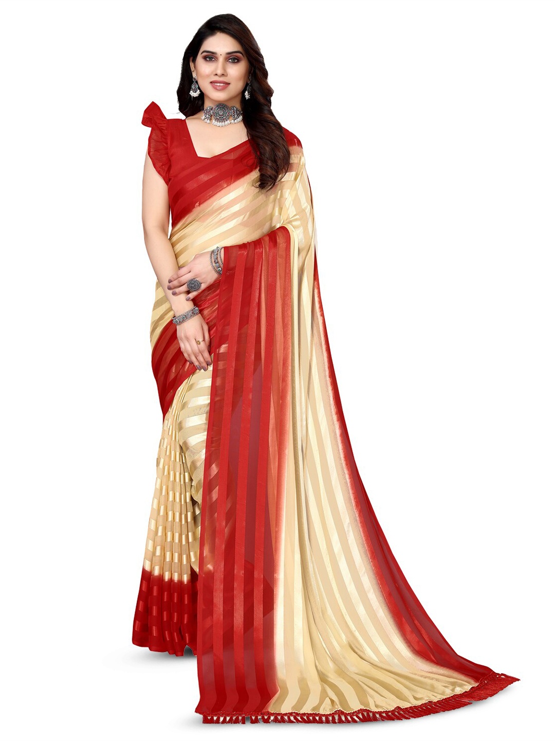 

ANAND SAREES Striped Satin Saree, Red