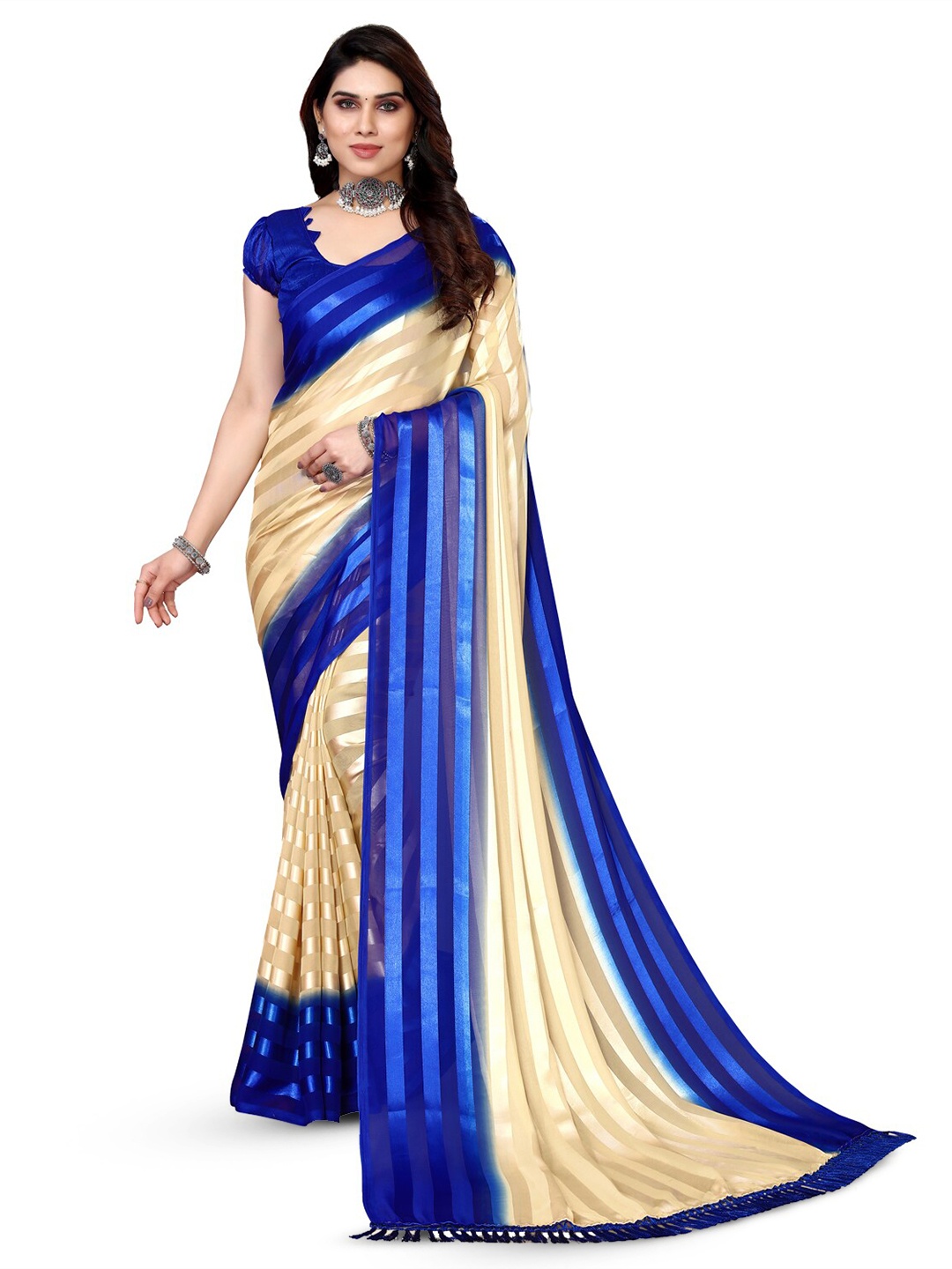 

ANAND SAREES Striped Satin Saree, Blue