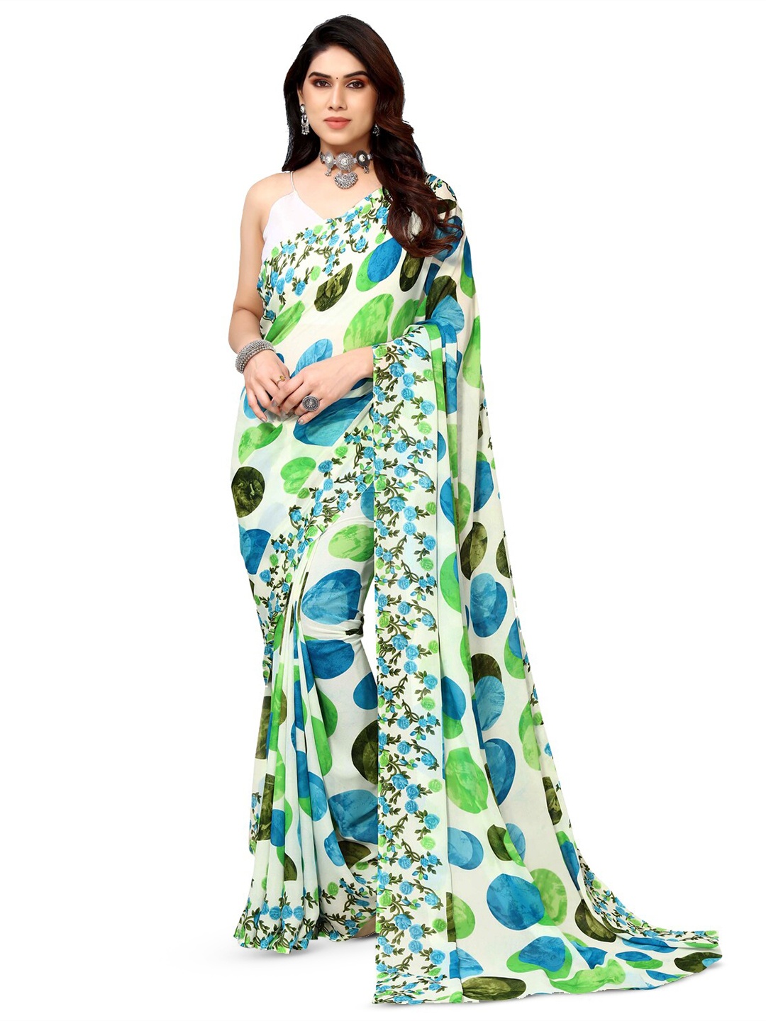 

ANAND SAREES Polka Dot Printed Pure Georgette Saree, White