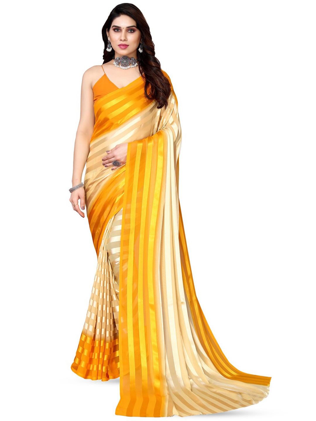 

ANAND SAREES Striped Satin Saree, Beige
