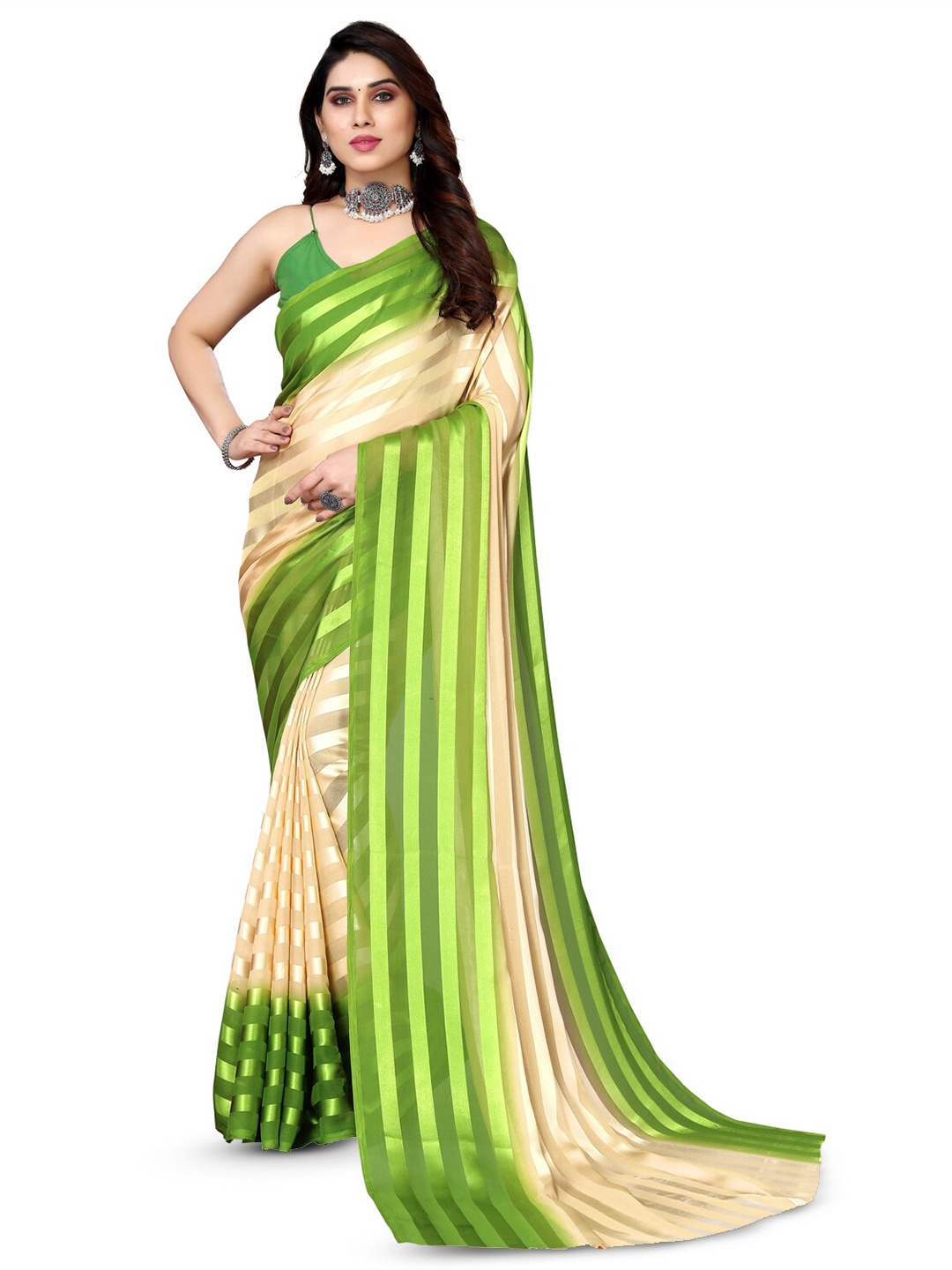 

ANAND SAREES Striped Satin Saree, Green