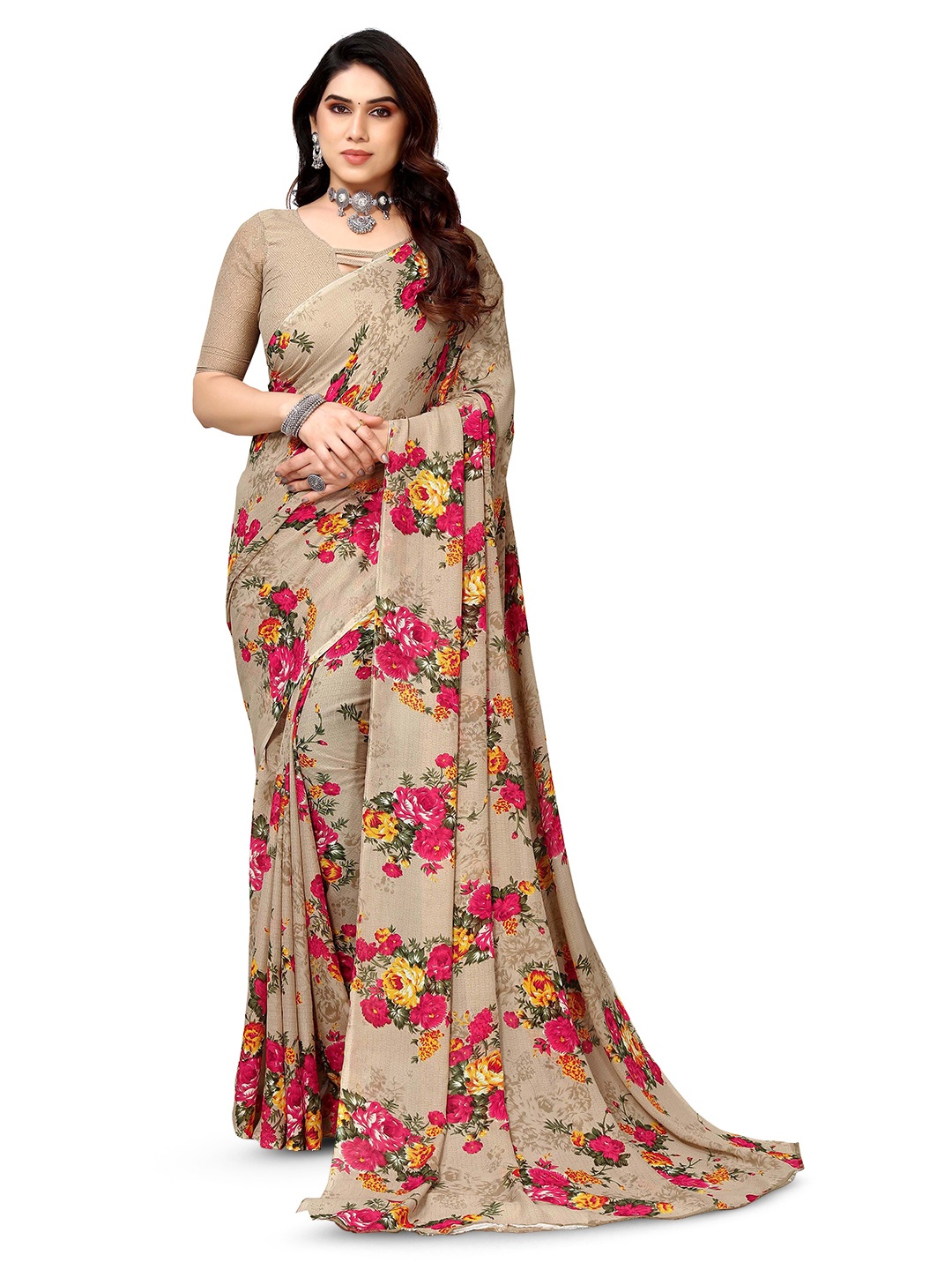 

KALINI Floral Printed Pure Georgette Saree, Beige