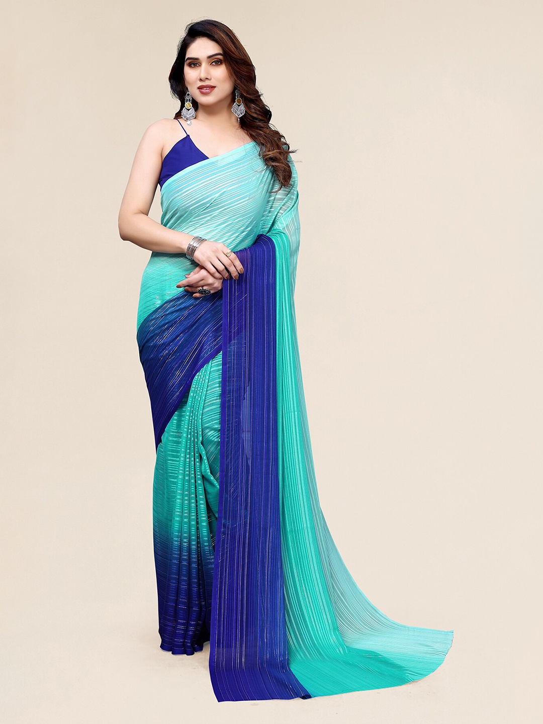 

Moda Rapido Striped Satin Saree, Turquoise blue