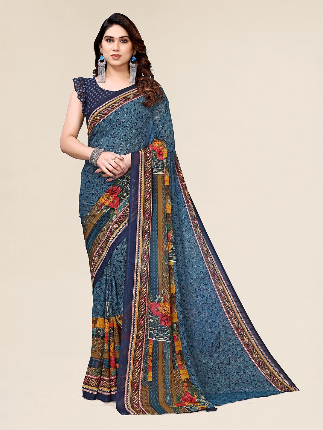 

ANAND SAREES Abstract Printed Pure Georgette Saree, Blue