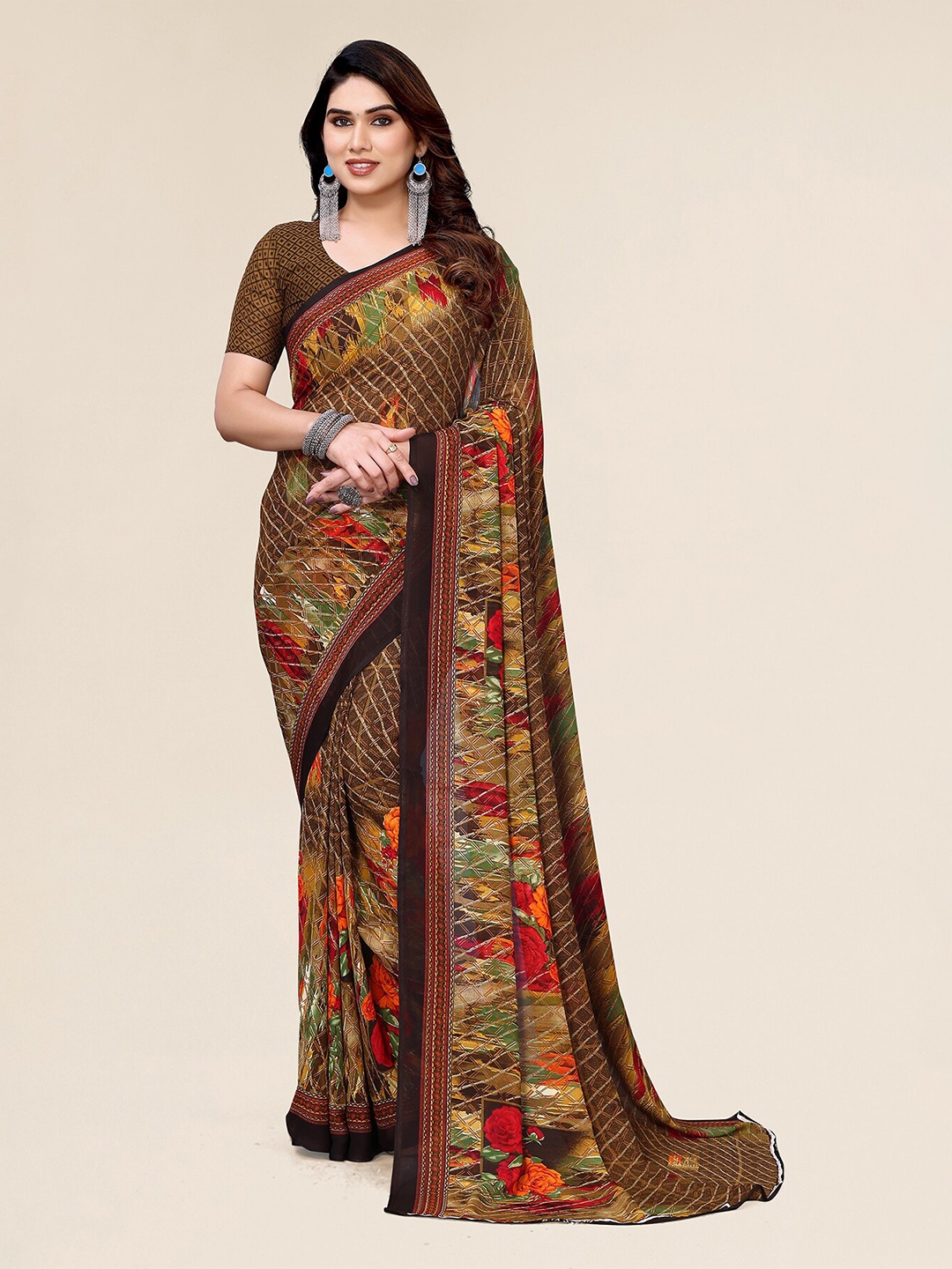 

ANAND SAREES Abstract Printed Pure Georgette Saree, Brown