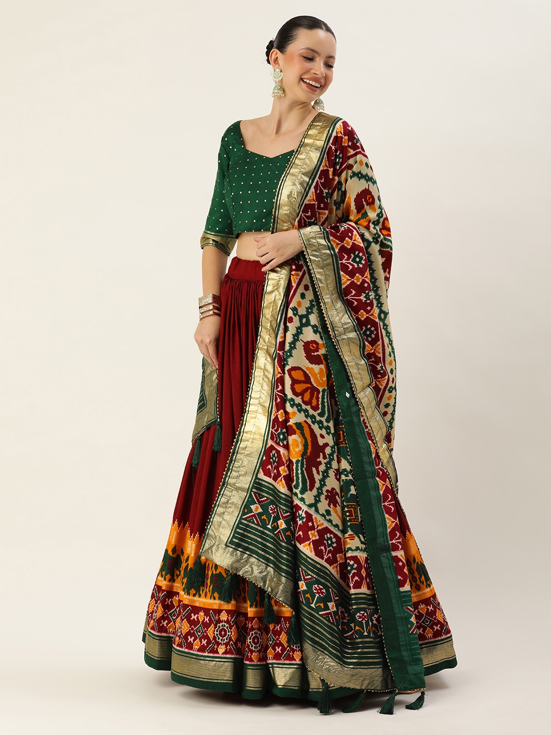 

LOOKNBOOK ART Woven Design Foil Print Lehenga & Blouse With Dupatta, Green