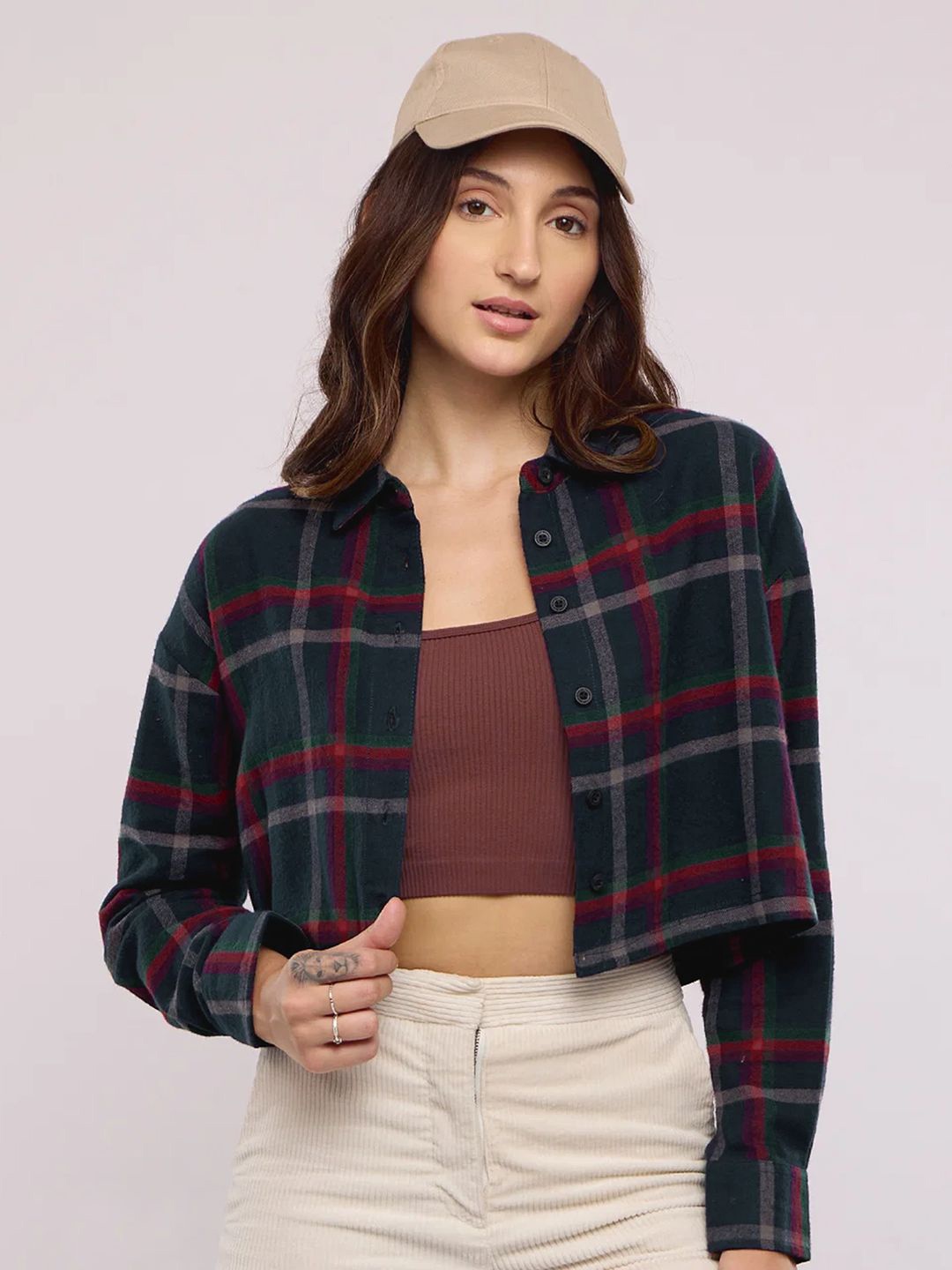 

Selvia Tartan Checks Spread Collar Casual Crop Shirt, Navy blue