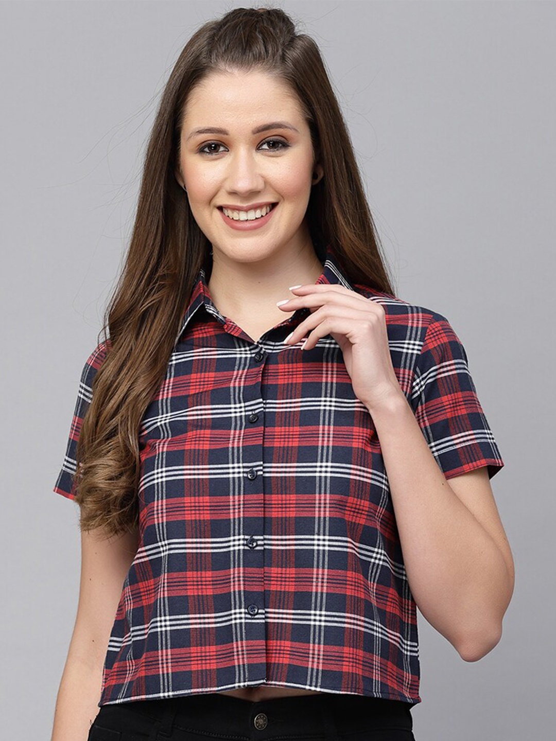 

Selvia Tartan Checks Pure Cotton Casual Crop Shirt, Red