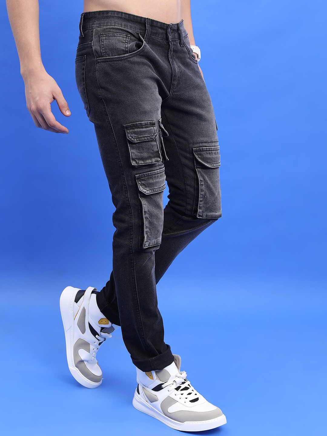 

HIGHLANDER Men Slim Fit Clean Look Light Fade Stretchable Cargo Jeans, Grey