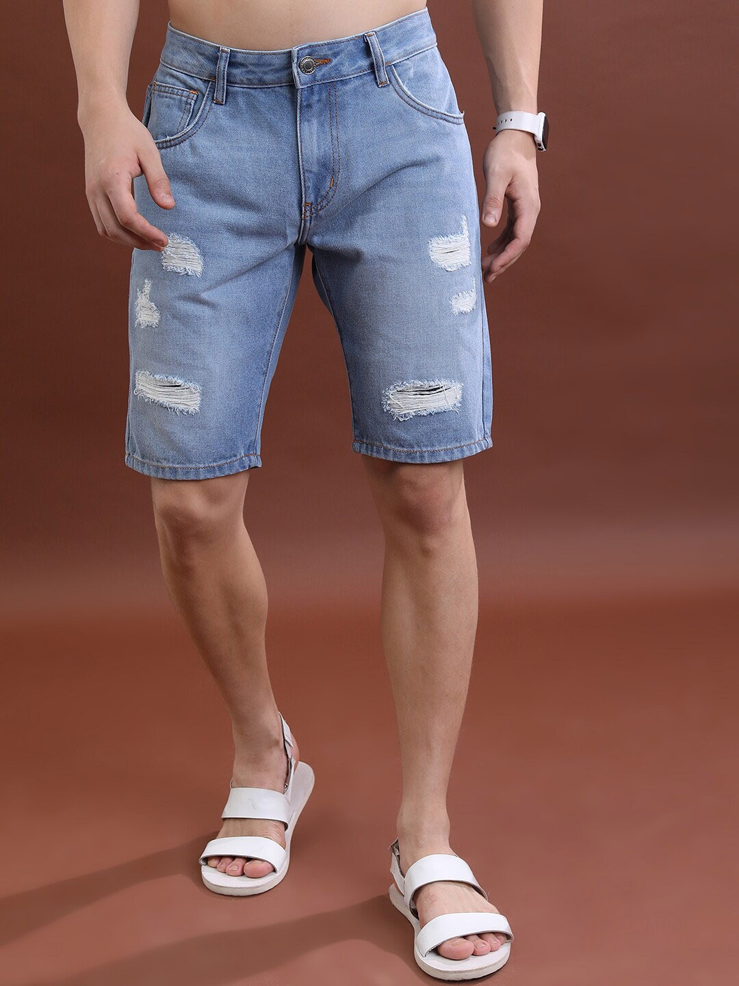 

HIGHLANDER Mid-Rise Washed Cotton Denim Shorts, Blue