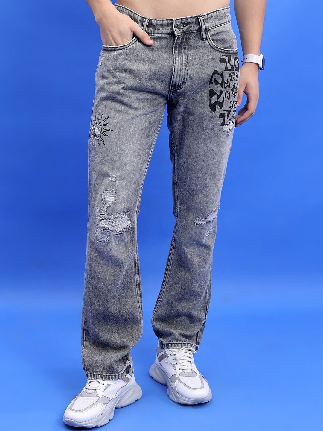 

HIGHLANDER Men Grey Straight Fit Mildly Distressed Heavy Fade Printed Cotton Jeans