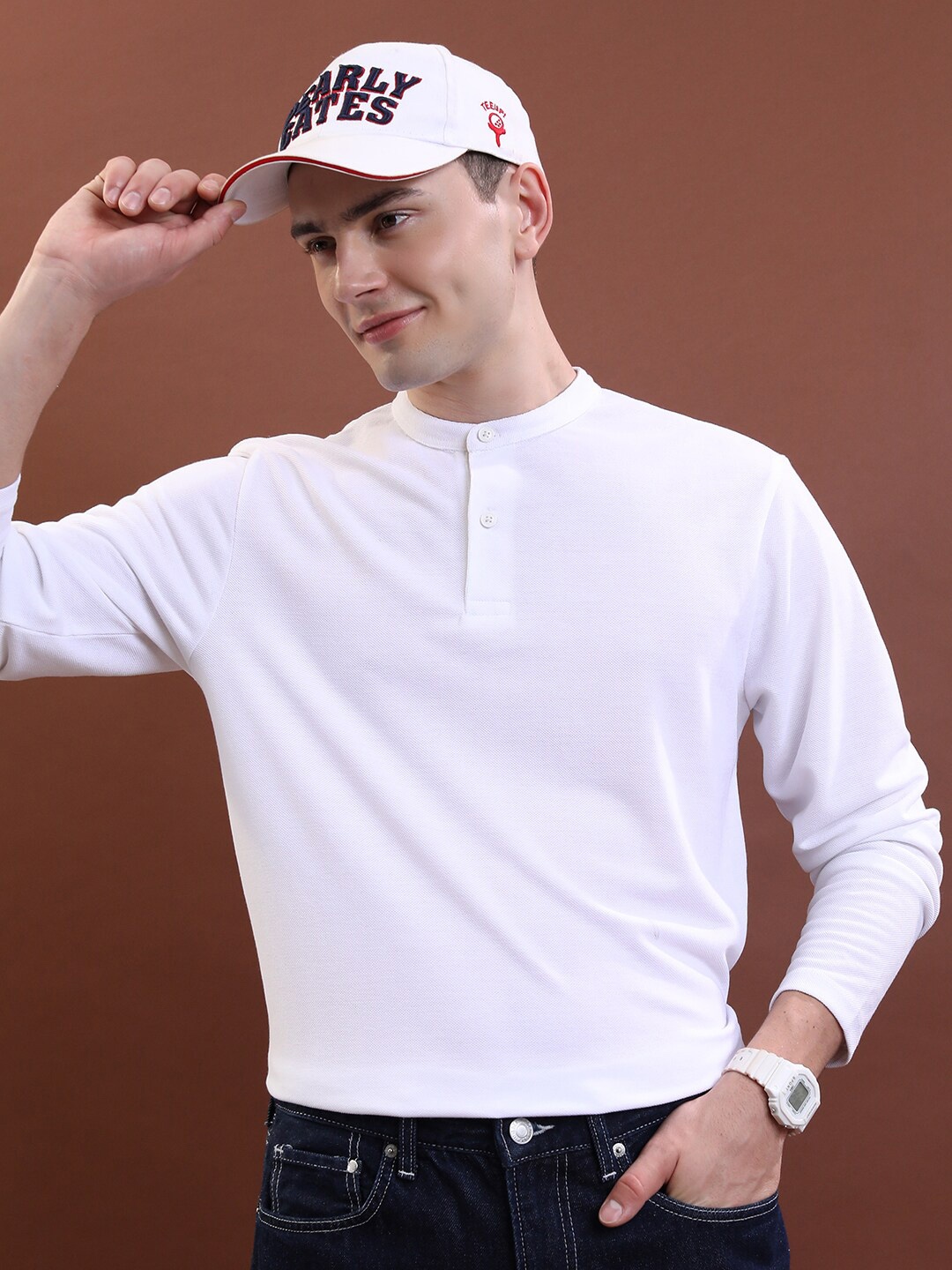 

HIGHLANDER White Henley Neck Relaxed Fit Cotton T-shirt