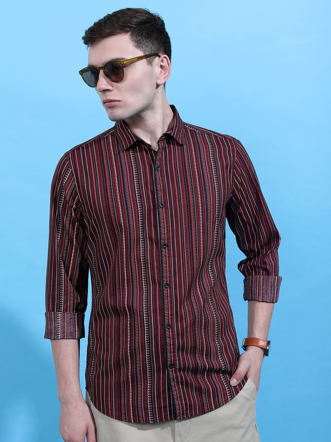 

HIGHLANDER Red Slim Fit Aztec Printed Spread Collar Cotton Casual Shirt