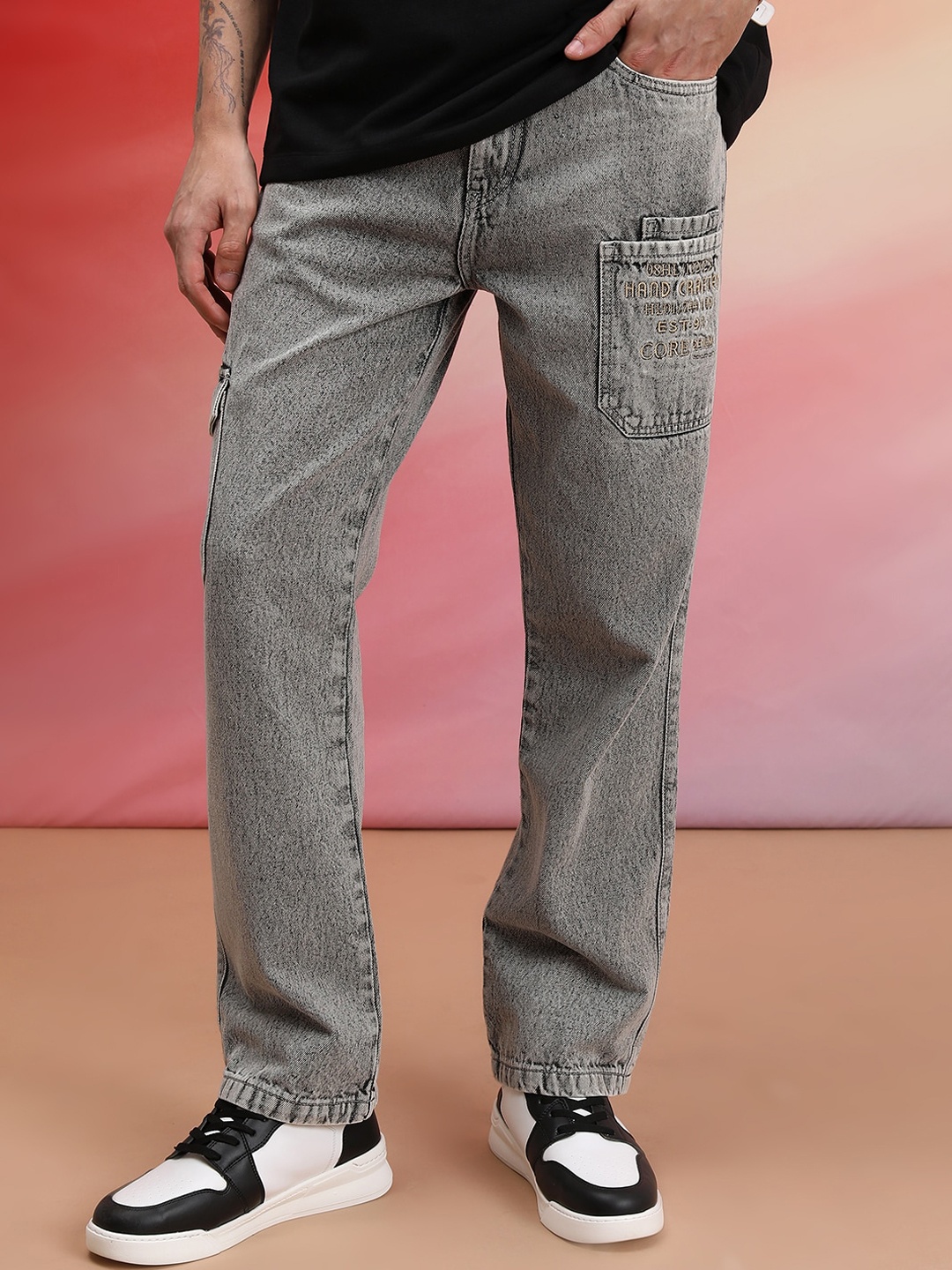 

HIGHLANDER Men Light Grey Straight Fit Clean Look Cargo Jeans