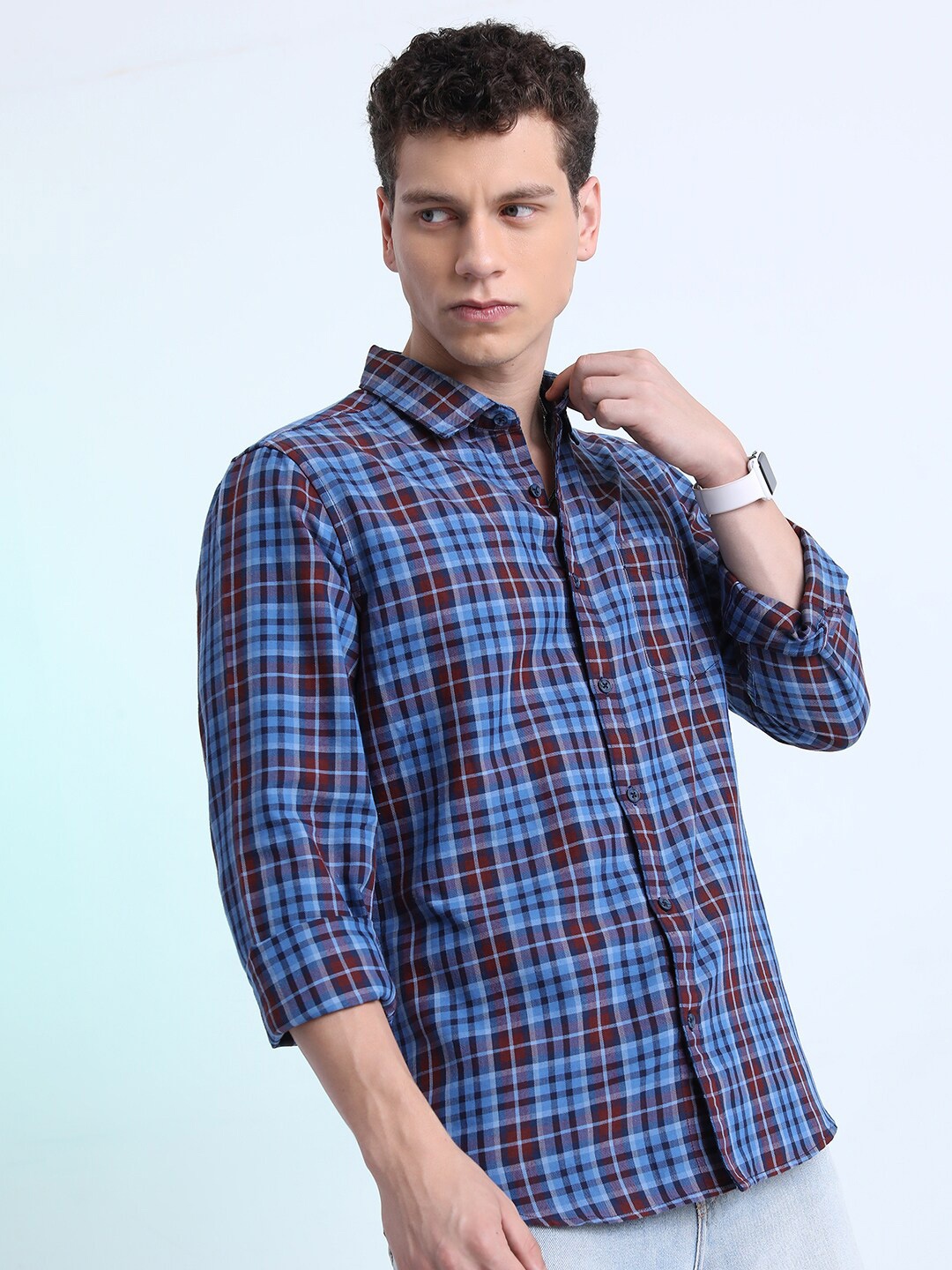 

HIGHLANDER Navy Blue Slim Fit Tartan Checked Cotton Casual Shirt