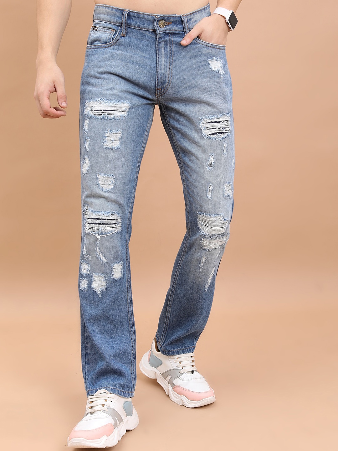 

HIGHLANDER Men Straight Fit Highly Distressed Heavy Fade Cotton Jeans, Blue