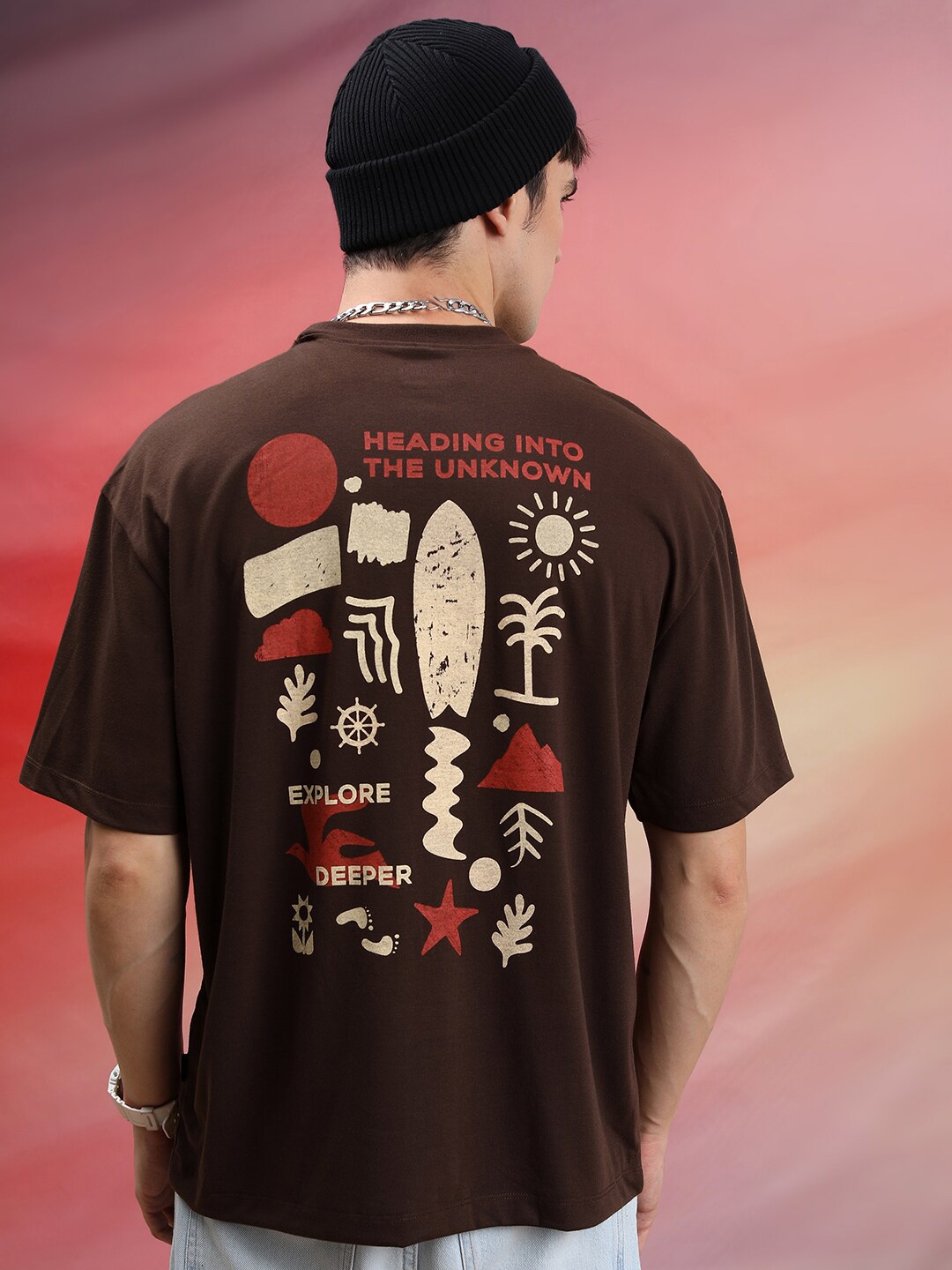 

HIGHLANDER Unisex Printed Drop Shoulder Oversized T-Shirt, Coffee brown