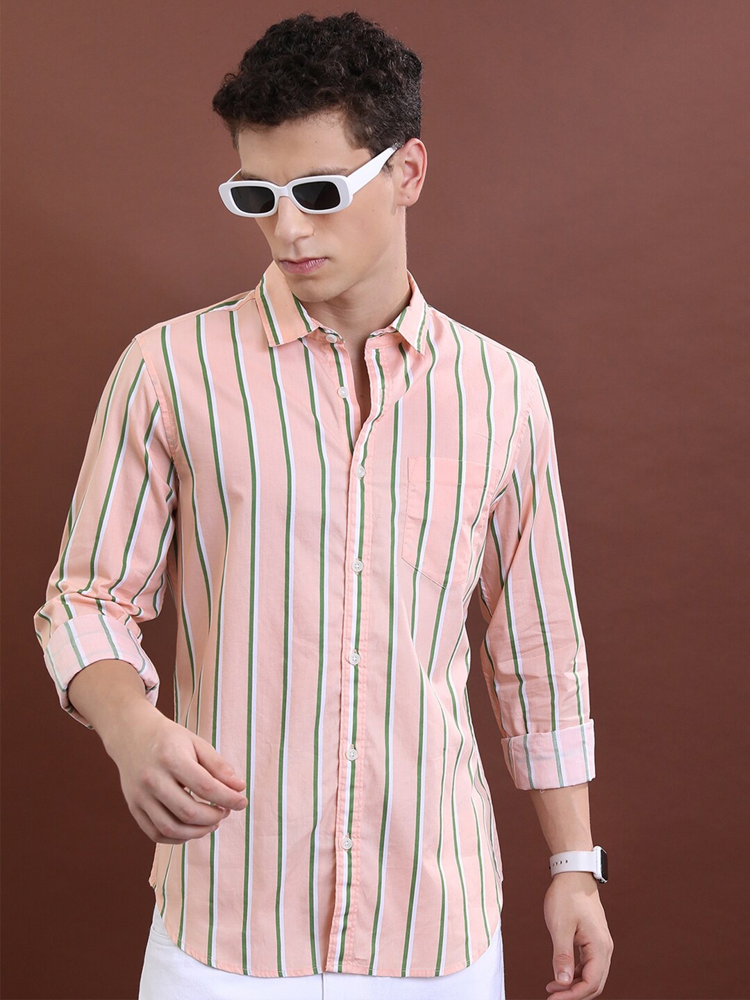 

HIGHLANDER Men Slim Fit Striped Cotton Casual Shirt, Peach