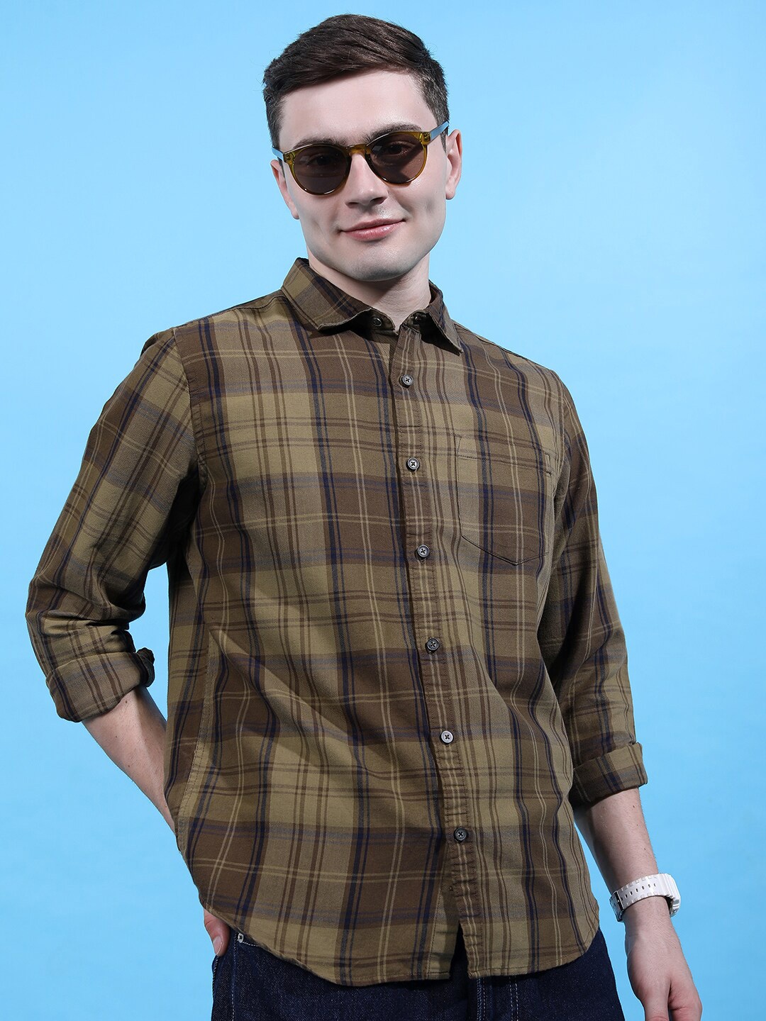 

HIGHLANDER Brown Slim Fit Tartan Checked Casual Shirt, Khaki