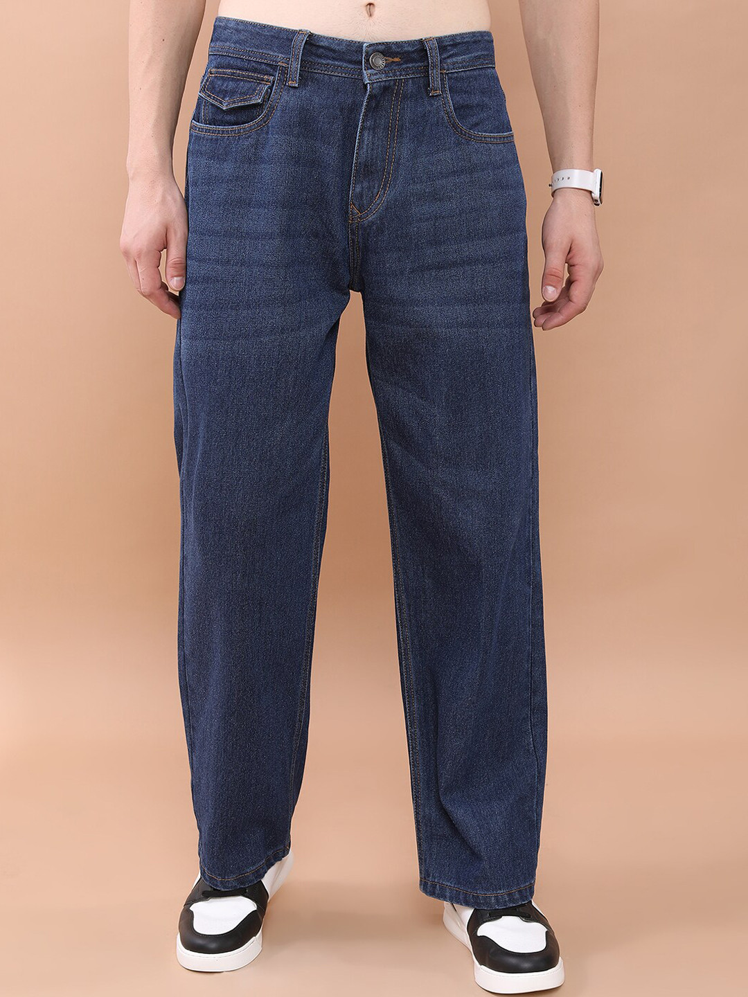 

HIGHLANDER Men Blue Wide Leg Clean Look Whiskers and Chevrons Cotton Jeans