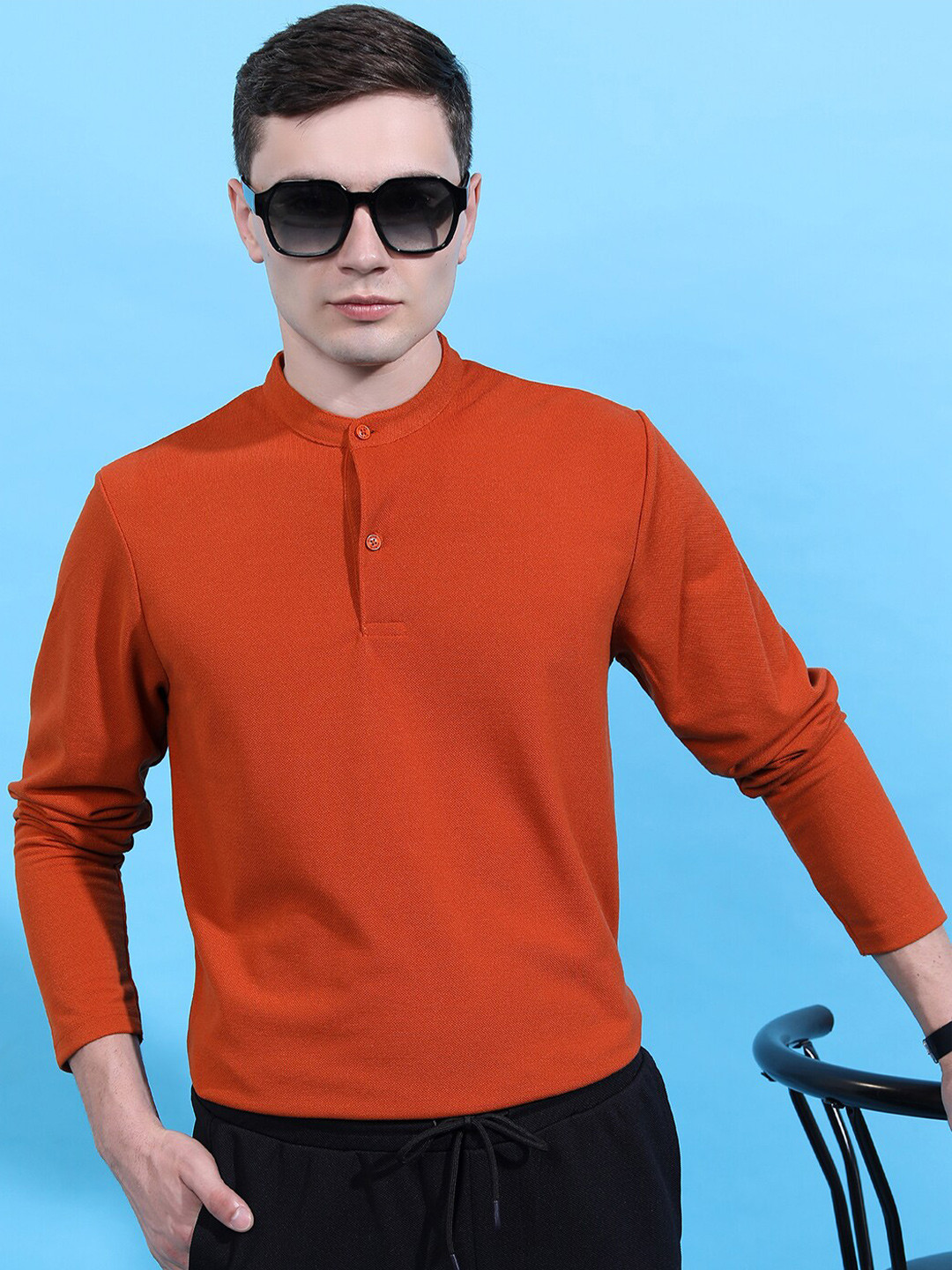 

Highlander Printed Polo Neck Relax Fit Popcorn Structure T-shirt, Rust