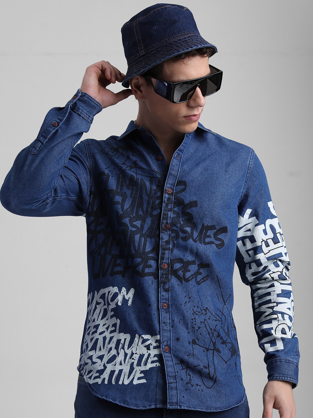 

HIGHLANDER Blue Slim Fit Typography Printed Casual Denim Cotton Shirt