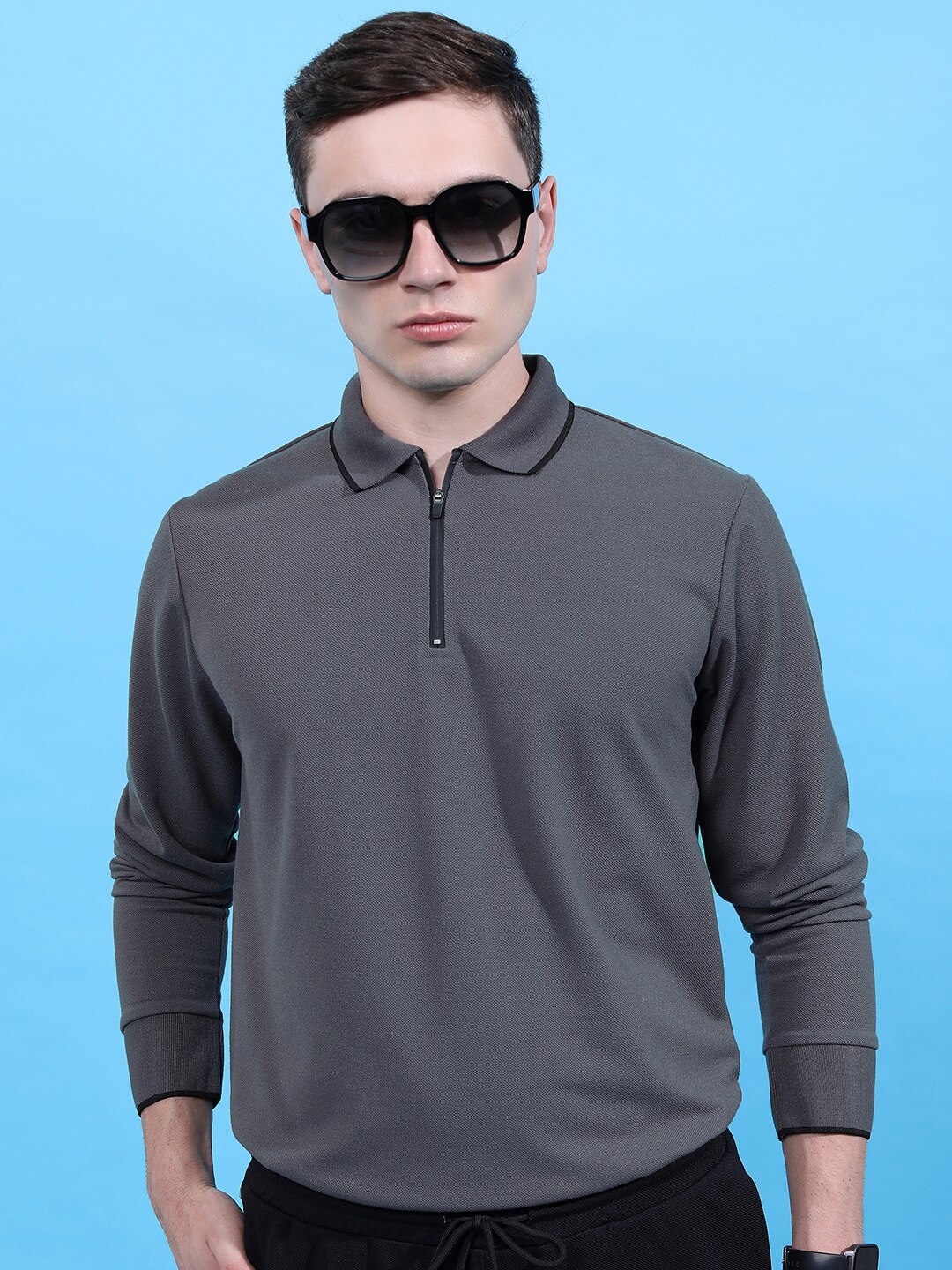 

HIGHLANDER Grey Polo Collar Slim Fit Cotton T-shirt