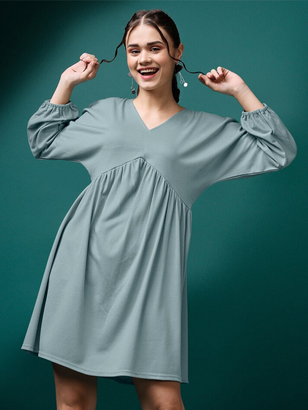 

PURVAJA Puff Sleeves Gathered V-Neck A-Line Dress, Grey