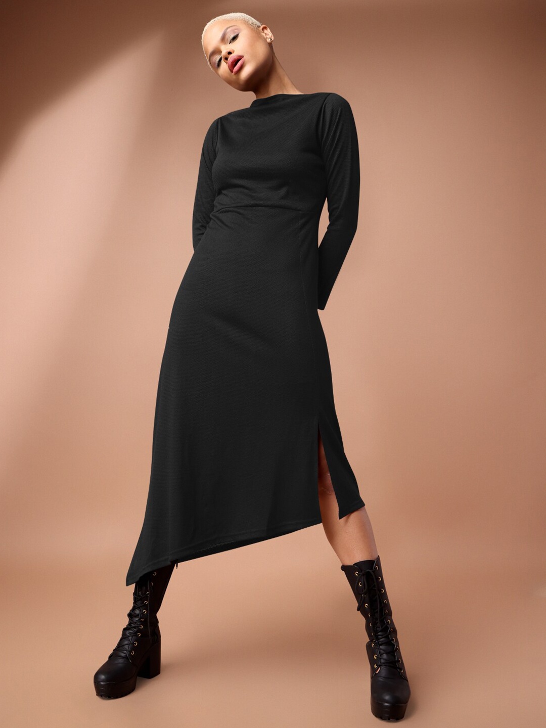 

PURVAJA Long Sleeves Bodycon Midi Slit Dress, Black