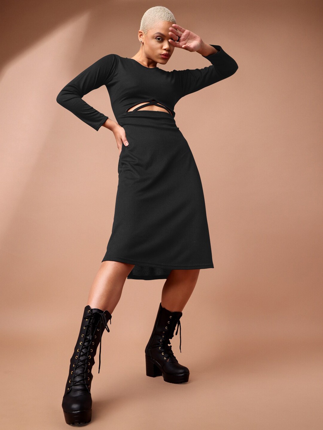 

PURVAJA Round Neck Cut-Outs Sheath Dress, Black