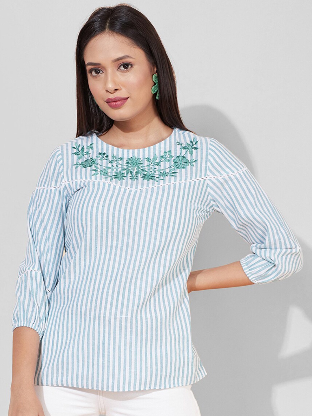 

Selvia Striped Embroidered Top, Green