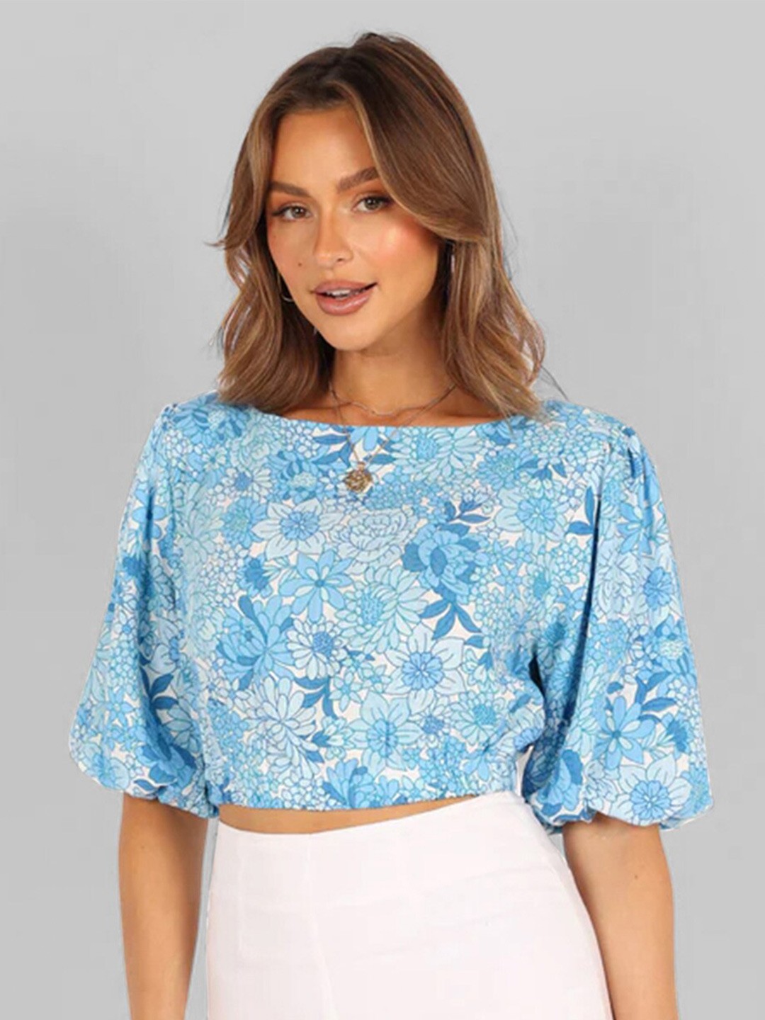 

Selvia Floral Printed Puff Sleeve Crop Top, Turquoise blue