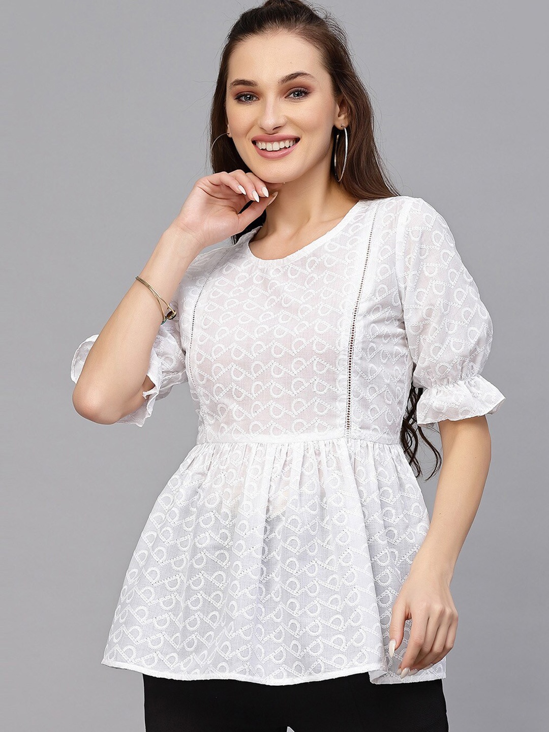 

Selvia Self Design Embroidered Puff Sleeves Peplum Top, White