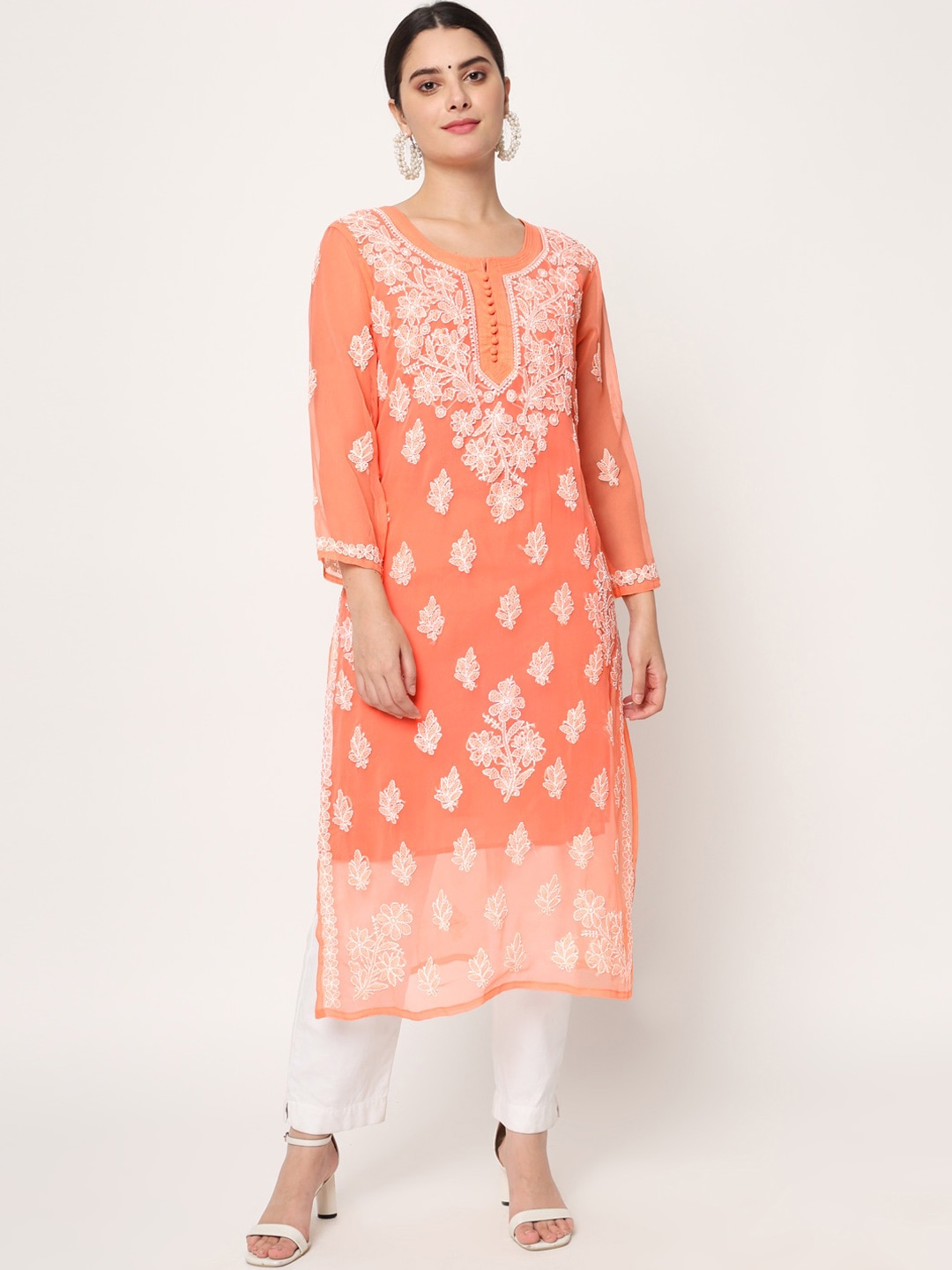 

PARAMOUNT CHIKAN Floral Embroidered Chikankari Georgette Kurta, Orange