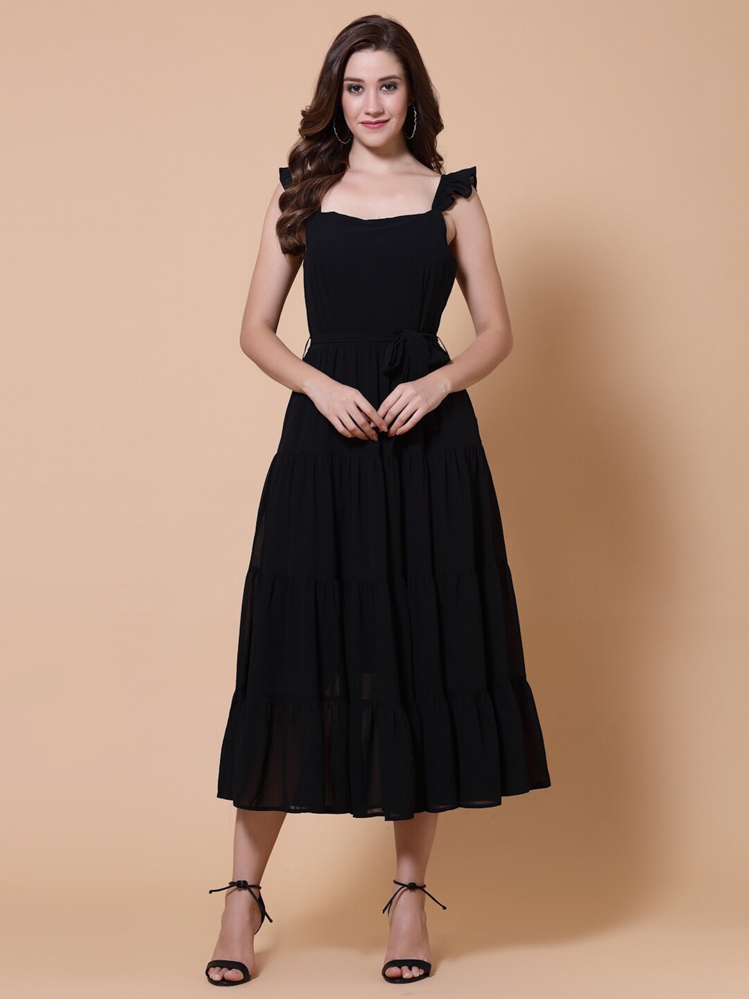 

HOUSE OF KKARMA Shoulder Straps Gathered Tiered Georgette Fit & Flare Midi Dress, Black
