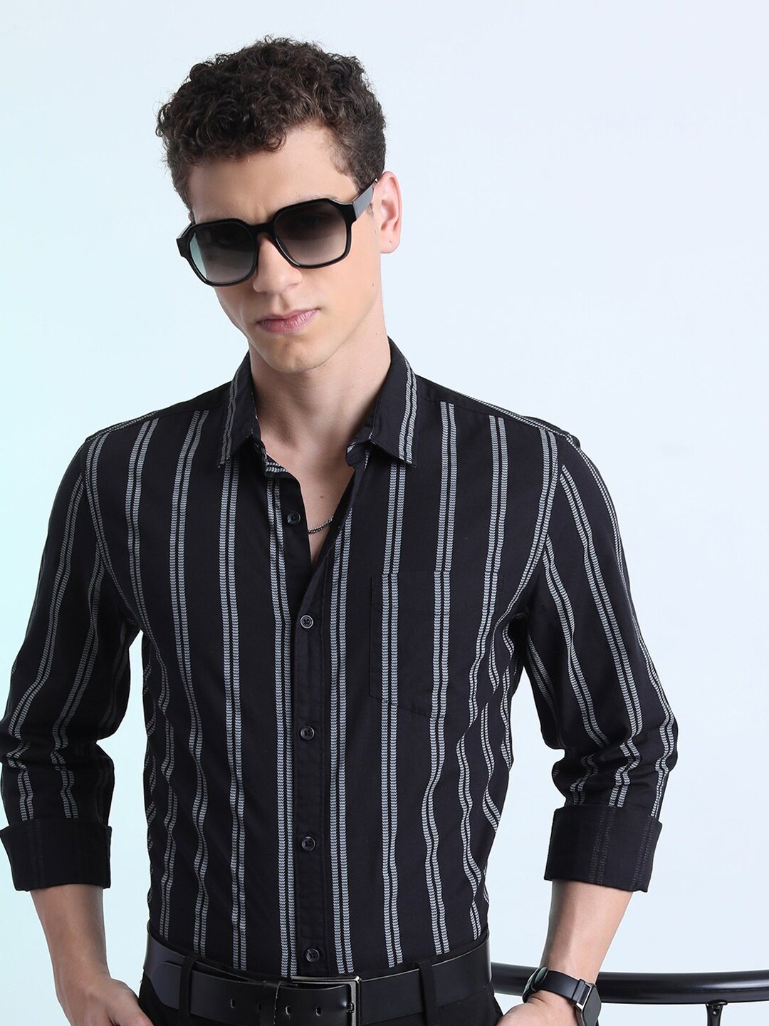 

KETCH Black Slim Fit Opaque Striped Cotton Casual Shirt