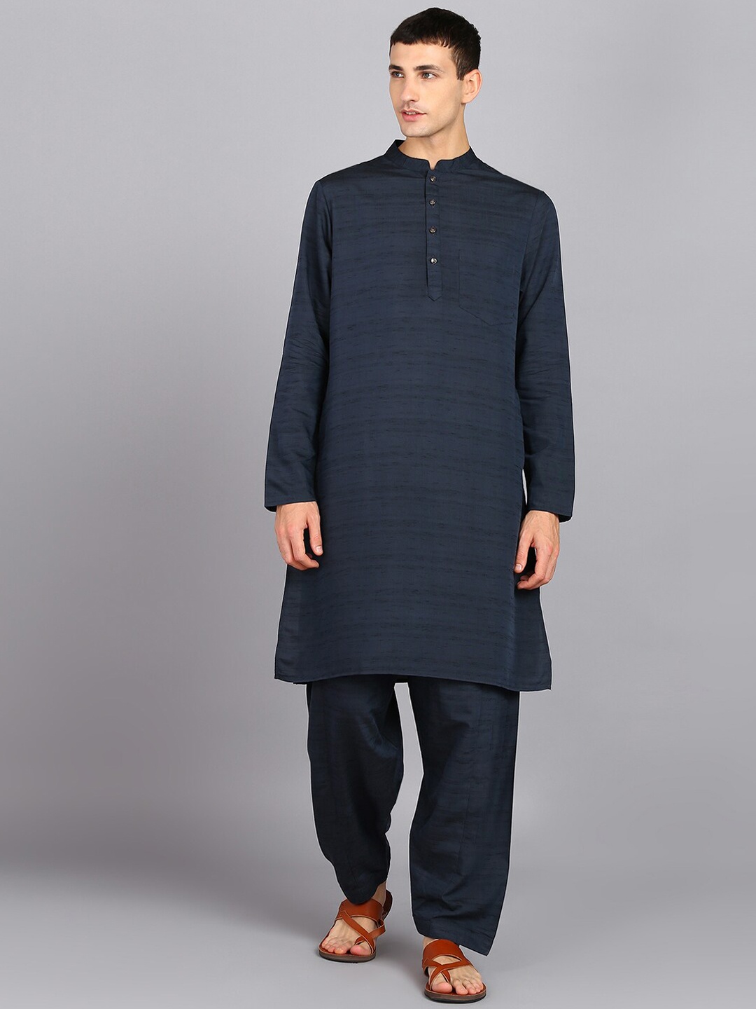 

HERE&NOW Blue Striped Mandarin Collar Pure Silk Straight Kurta With Trousers