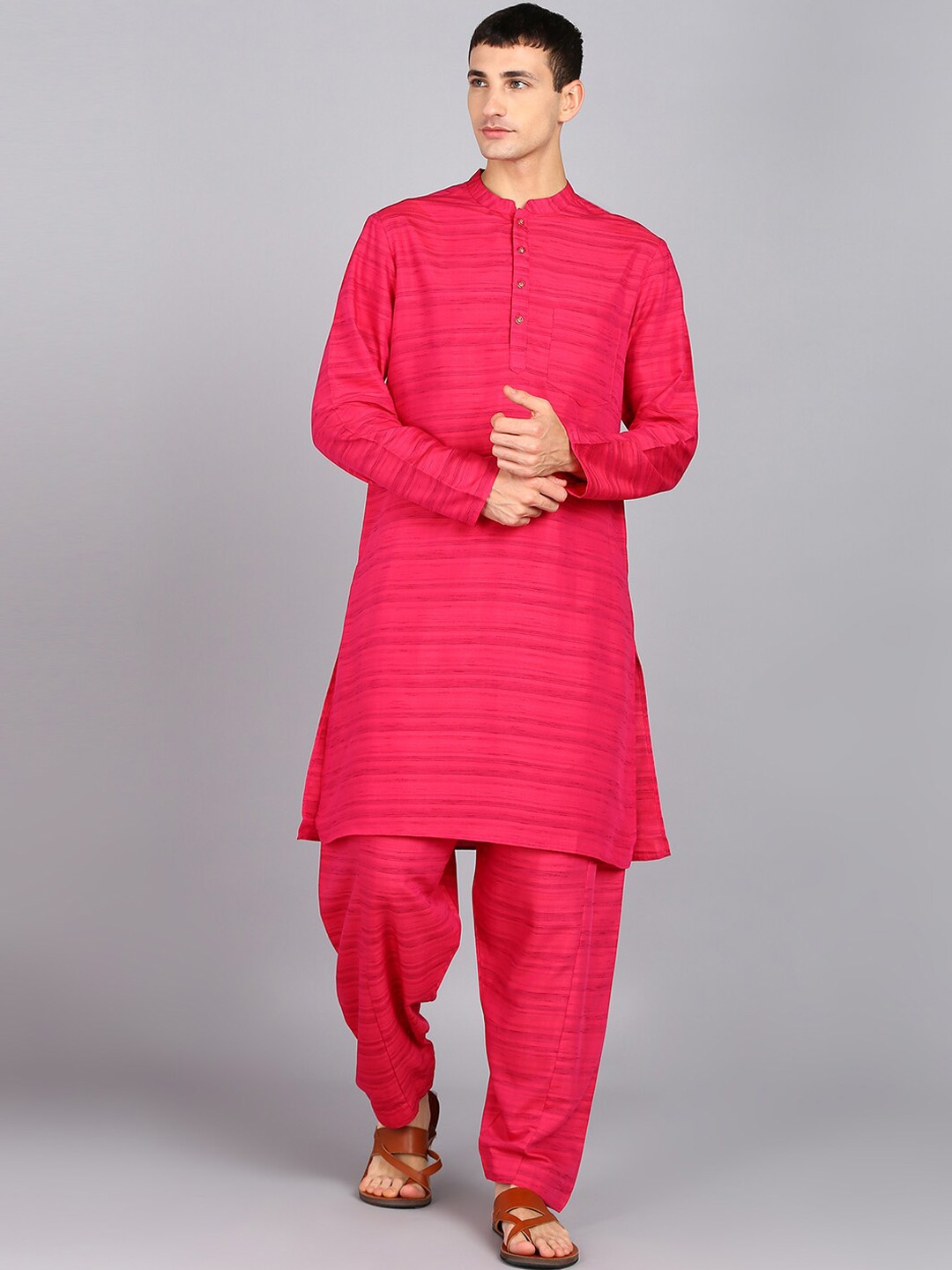 

HERE&NOW Pink Striped Mandarin Collar Pure Silk Straight Kurta With Trousers